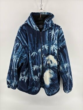 Women's Panda Print Full Zip Sherpa Lined Hooded Sweater - Navy